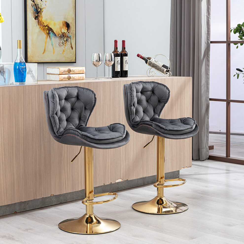 Set of 2 gray velvet swivel bar stools with golden chrome footrest and base leg by La Spezia