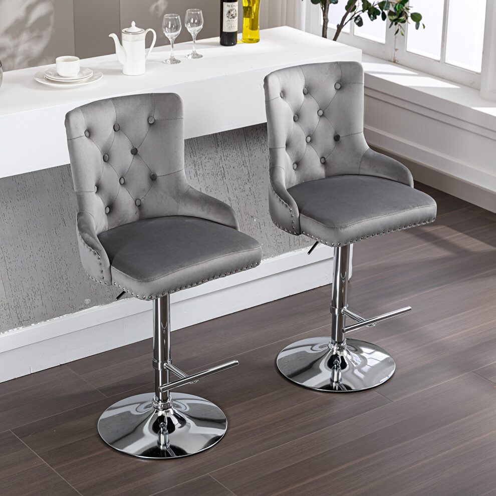 Tufted back gray velvet swivel bar stools with adjustable seat height, set of 2 by La Spezia