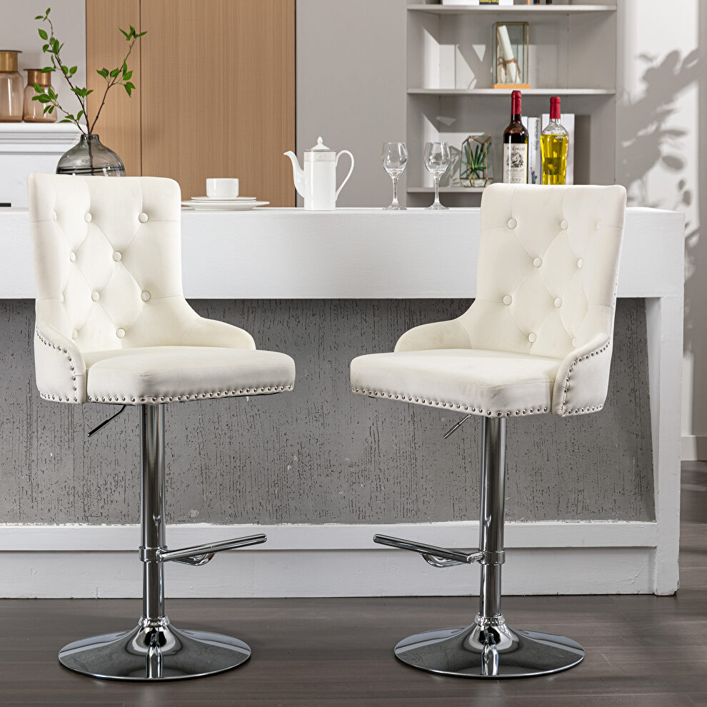 Tufted back cream velvet swivel bar stools with adjustable seat height, set of 2 by La Spezia