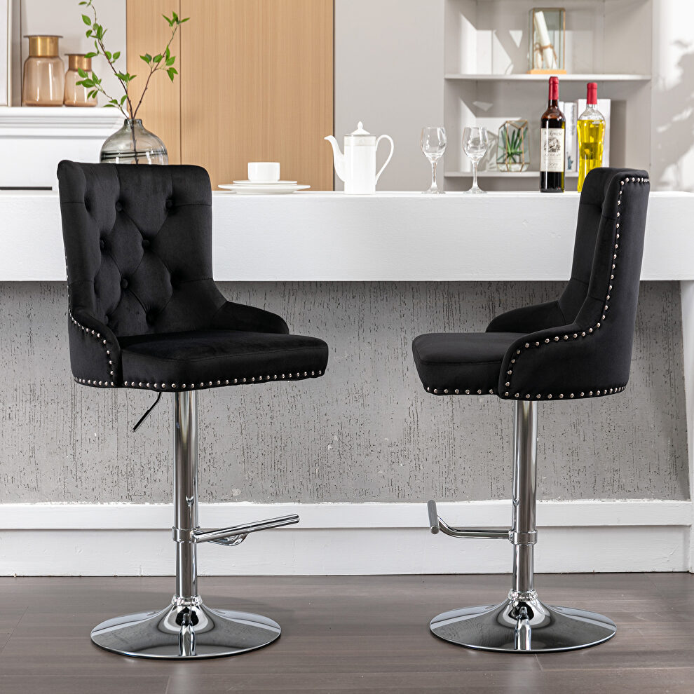 Tufted back black velvet swivel bar stools with adjustable seat height, set of 2 by La Spezia