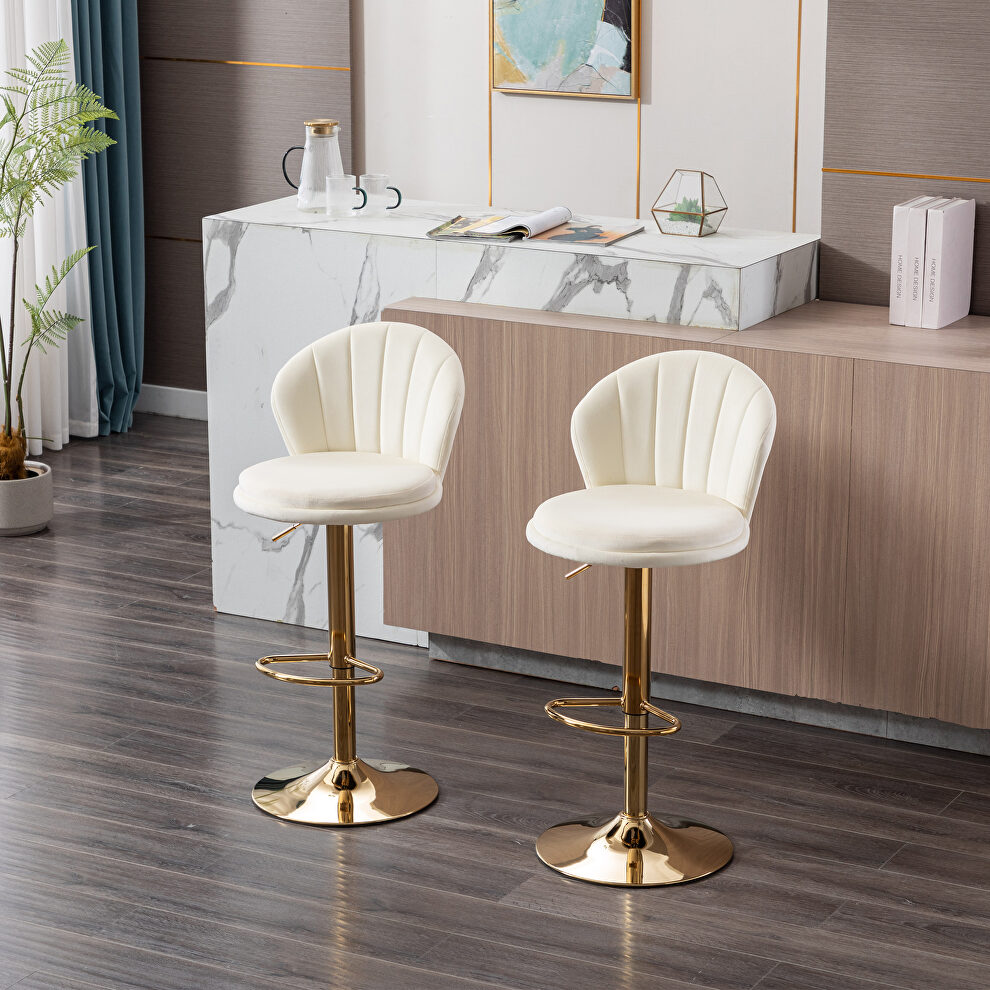 Cream velvet adjustable swivel bar stools with golden leg set of 2 by La Spezia
