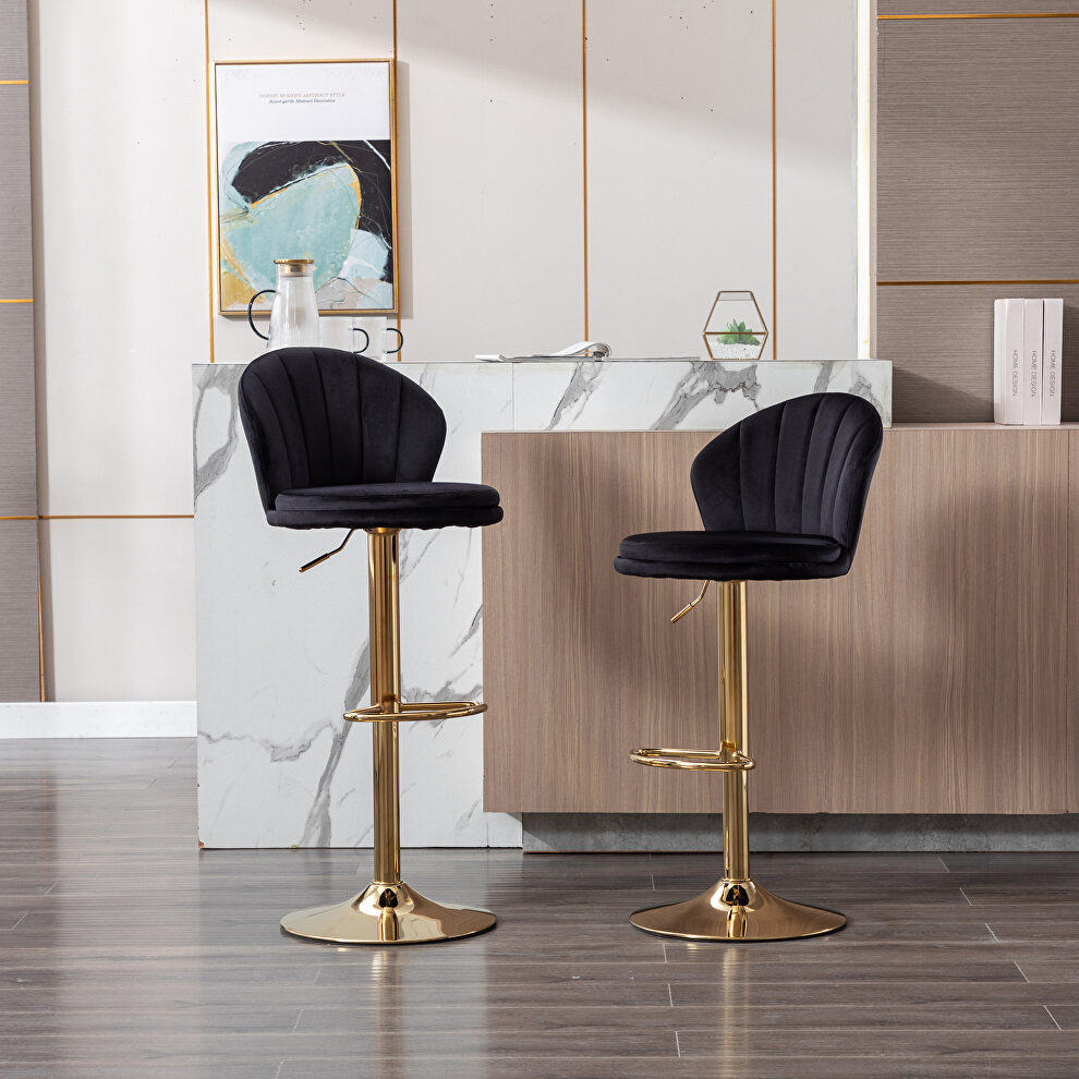 Black velvet adjustable swivel bar stools with golden leg set of 2 by La Spezia