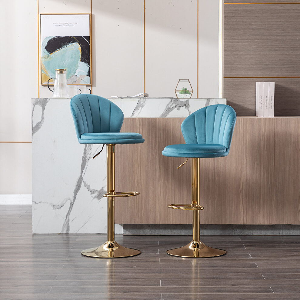 Baby blue velvet adjustable swivel bar stools with golden leg set of 2 by La Spezia