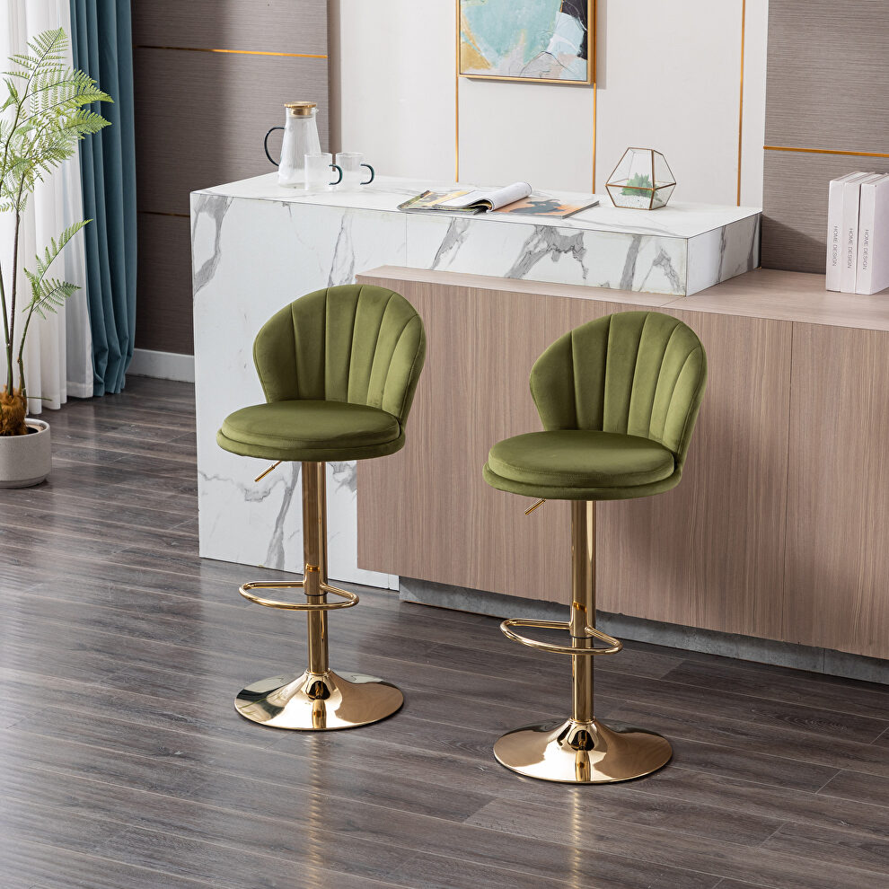 Light green velvet adjustable swivel bar stools with golden leg set of 2 by La Spezia