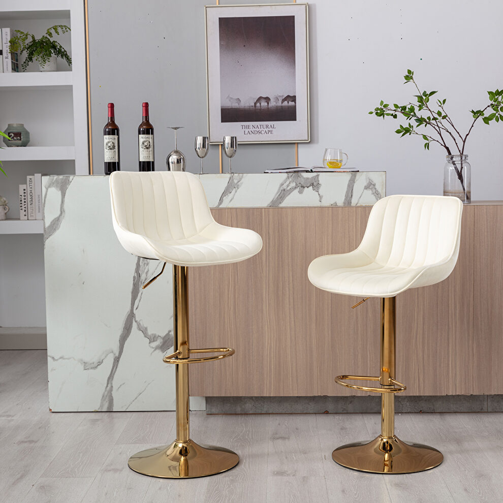 Ivory velvet and golden leg swivel height bar stool set of 2 by La Spezia
