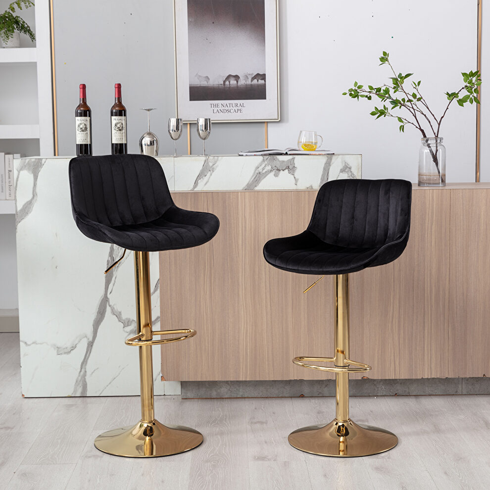 Black velvet and golden leg swivel height bar stool set of 2 by La Spezia
