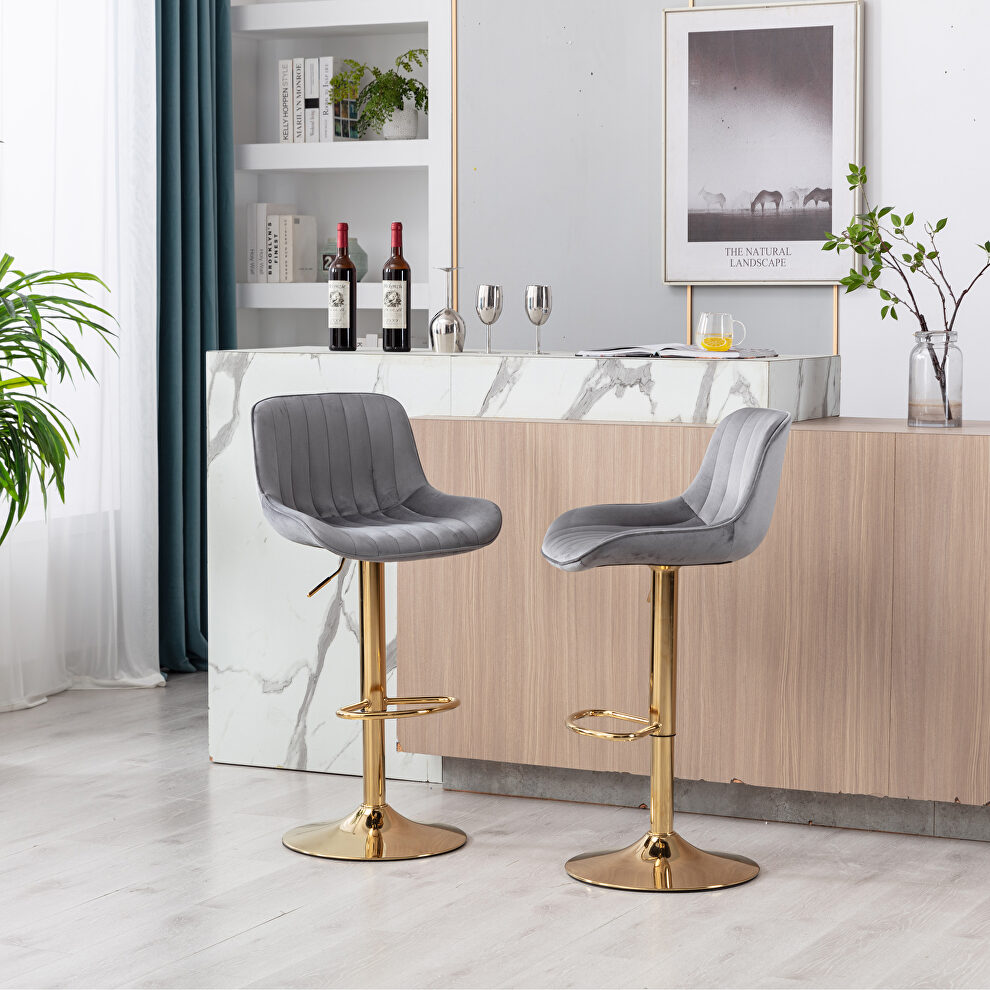 Gray velvet and golden leg swivel height bar stool set of 2 by La Spezia