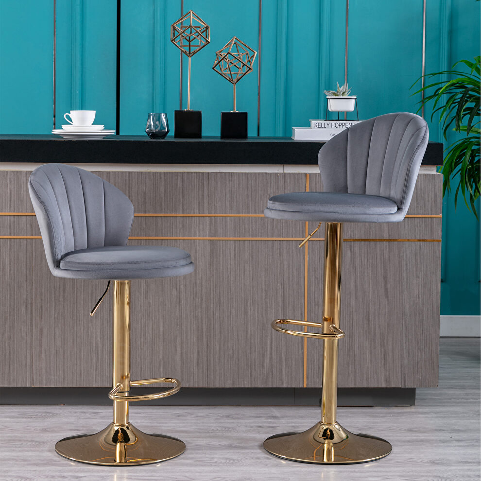 Light gray velvet adjustable swivel bar stools with golden leg set of 2 by La Spezia
