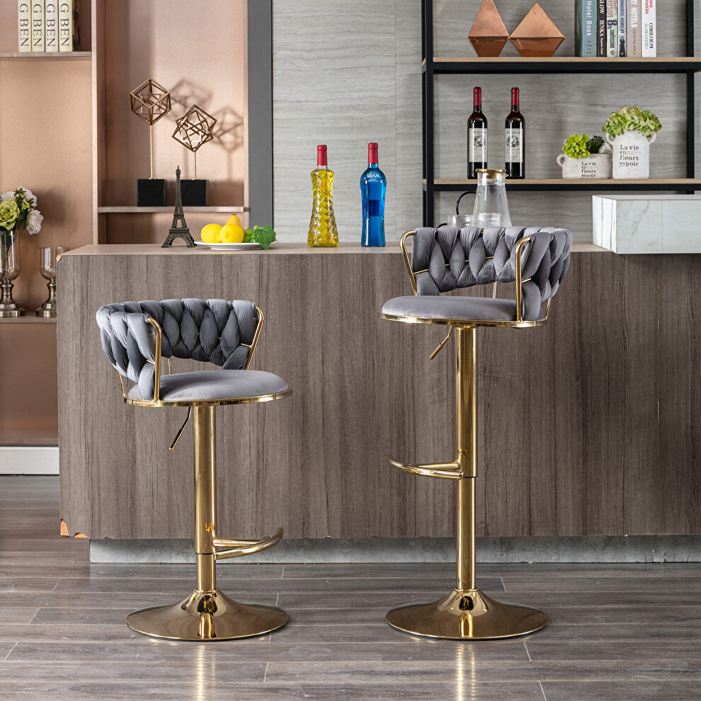 Gray velvet swivel bar stools with golden leg set of 2 by La Spezia