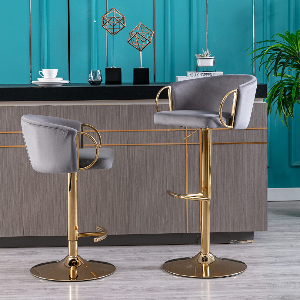 Gray velvet set of 2 bar stools with golden chrome footrest and swivel lift base by La Spezia
