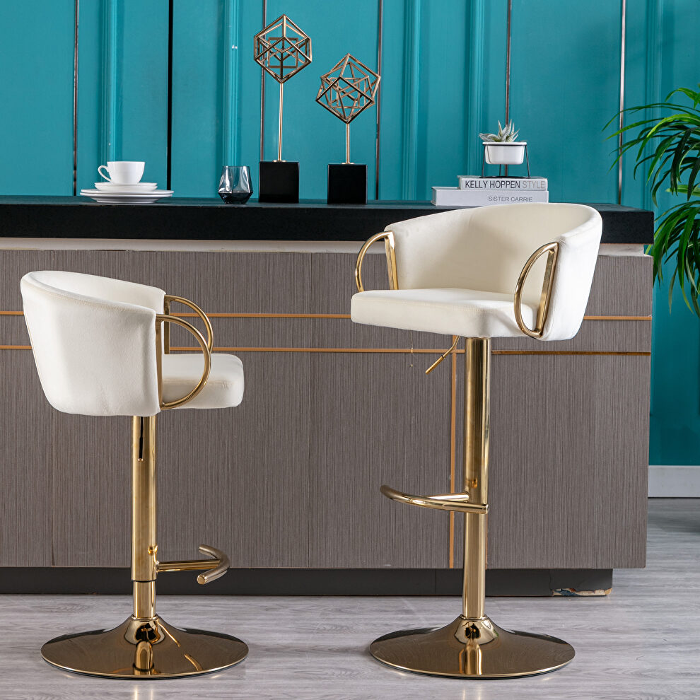 Ivory velvet set of 2 bar stools with golden chrome footrest and swivel lift base by La Spezia