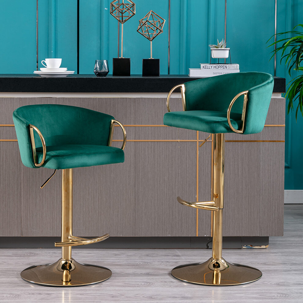 Green velvet set of 2 bar stools with golden chrome footrest and swivel lift base by La Spezia