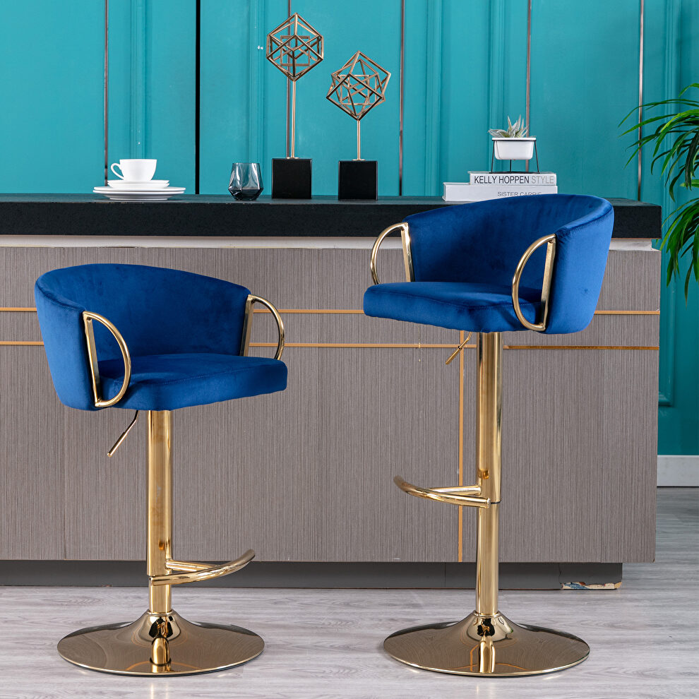 Navy velvet set of 2 bar stools with golden chrome footrest and swivel lift base by La Spezia