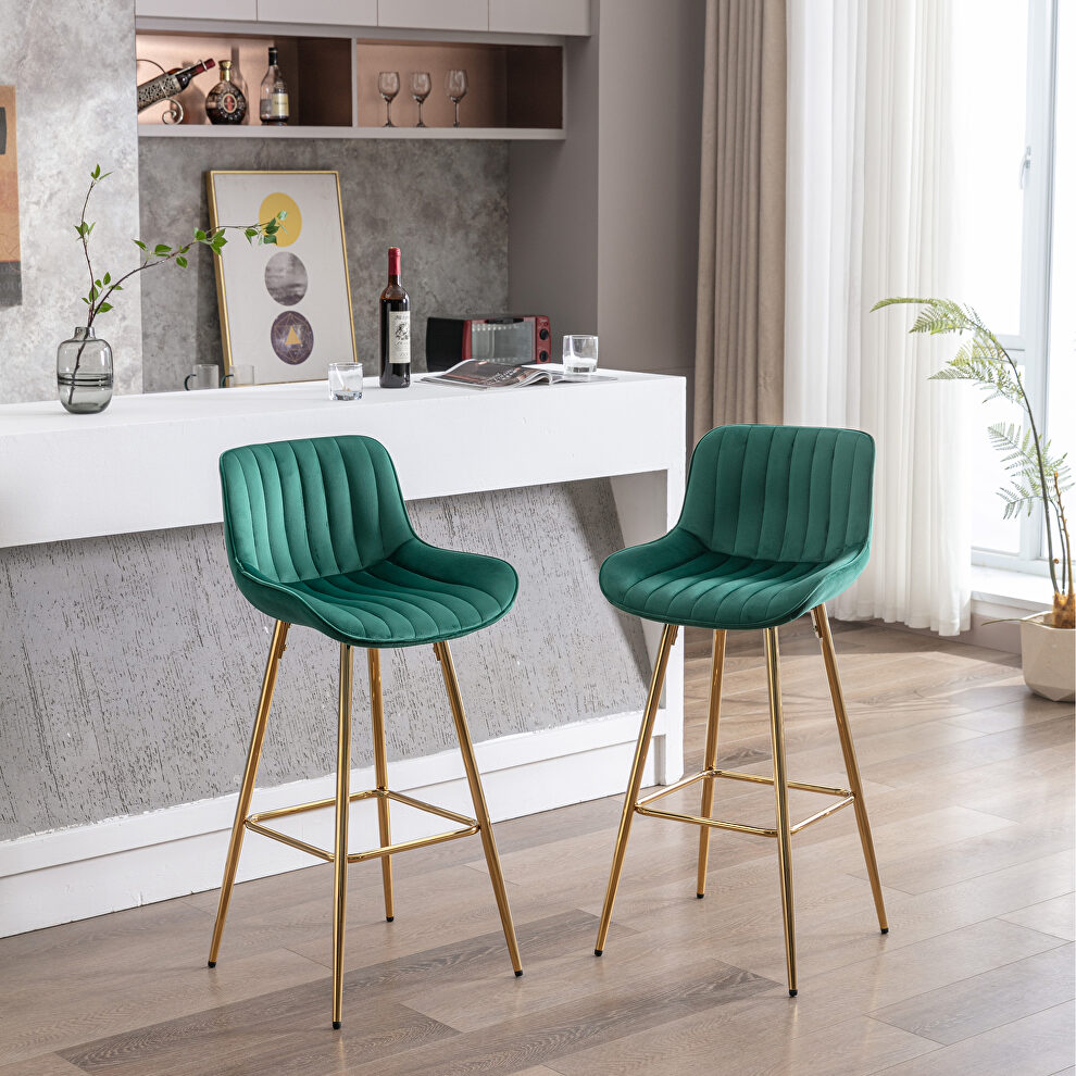 Green velvet fabric bar stools with golden chrome footrest/ set of 2 by La Spezia