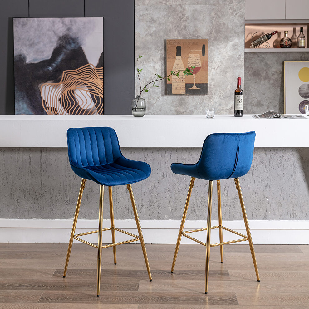 Blue velvet fabric bar stools with golden chrome footrest/ set of 2 by La Spezia