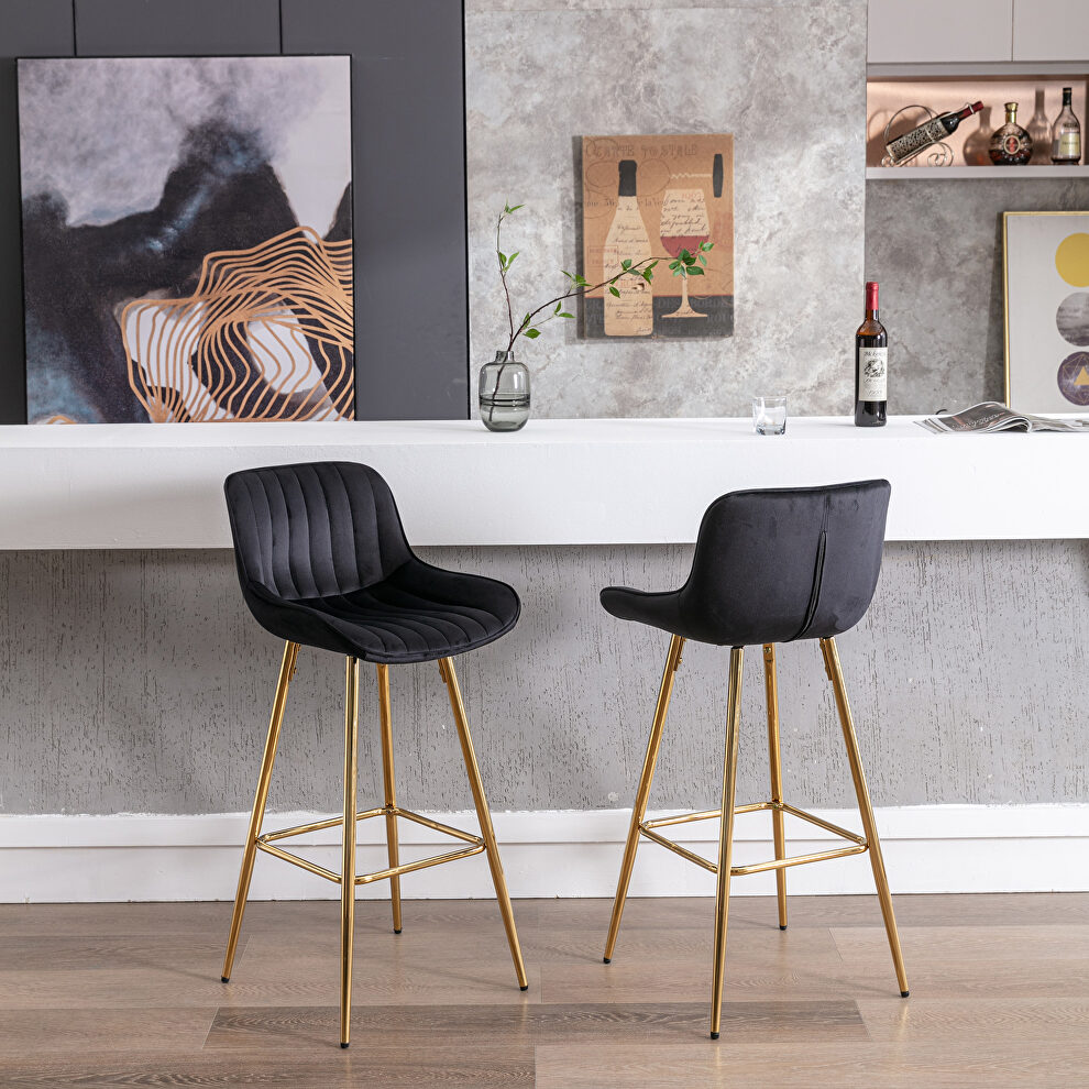 Black velvet fabric bar stools with golden chrome footrest/ set of 2 by La Spezia