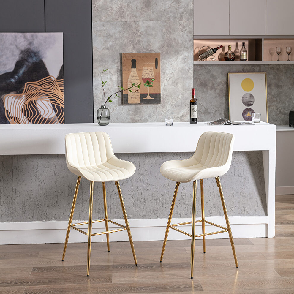 Cream velvet fabric bar stools with golden chrome footrest/ set of 2 by La Spezia