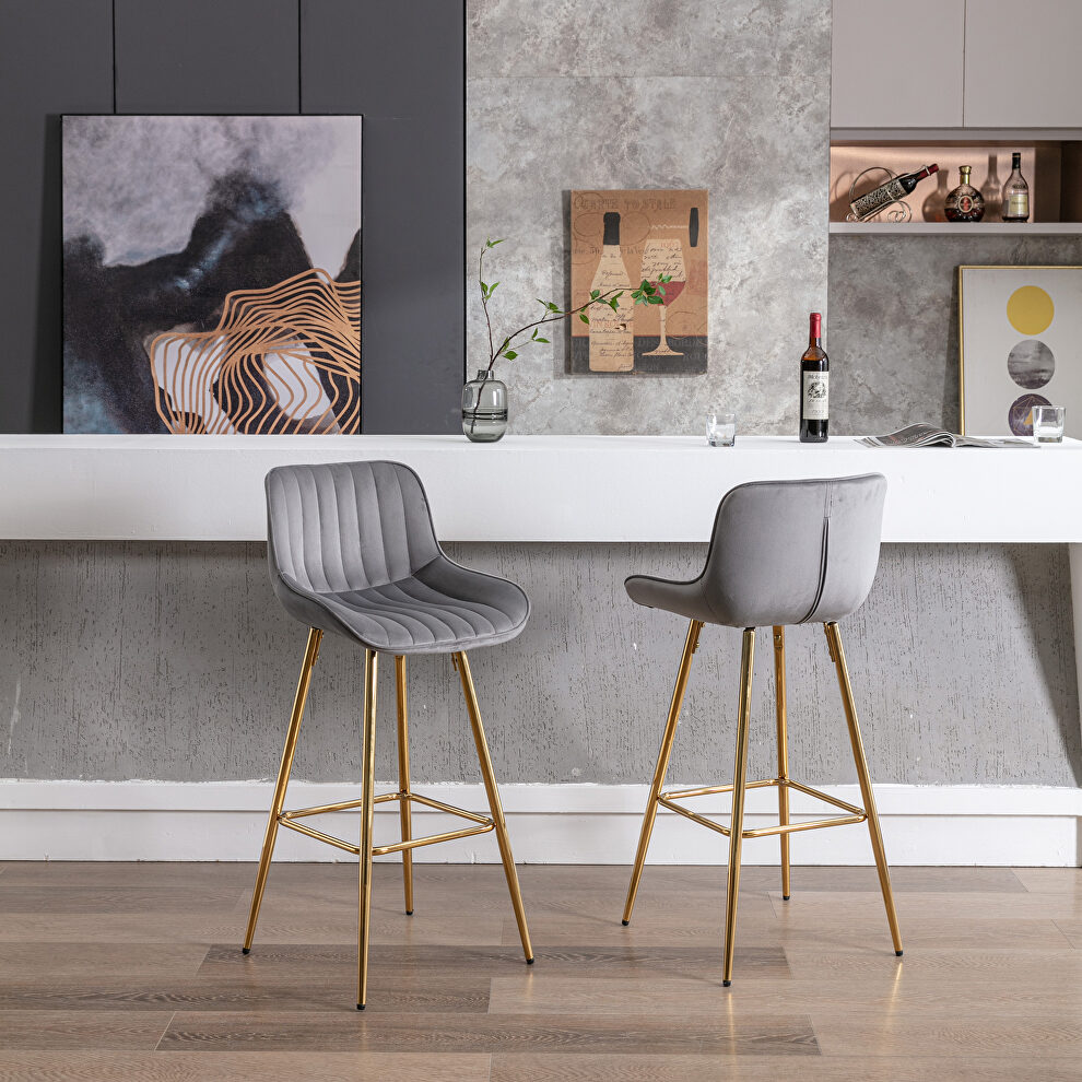 Gray velvet fabric bar stools with golden chrome footrest/ set of 2 by La Spezia