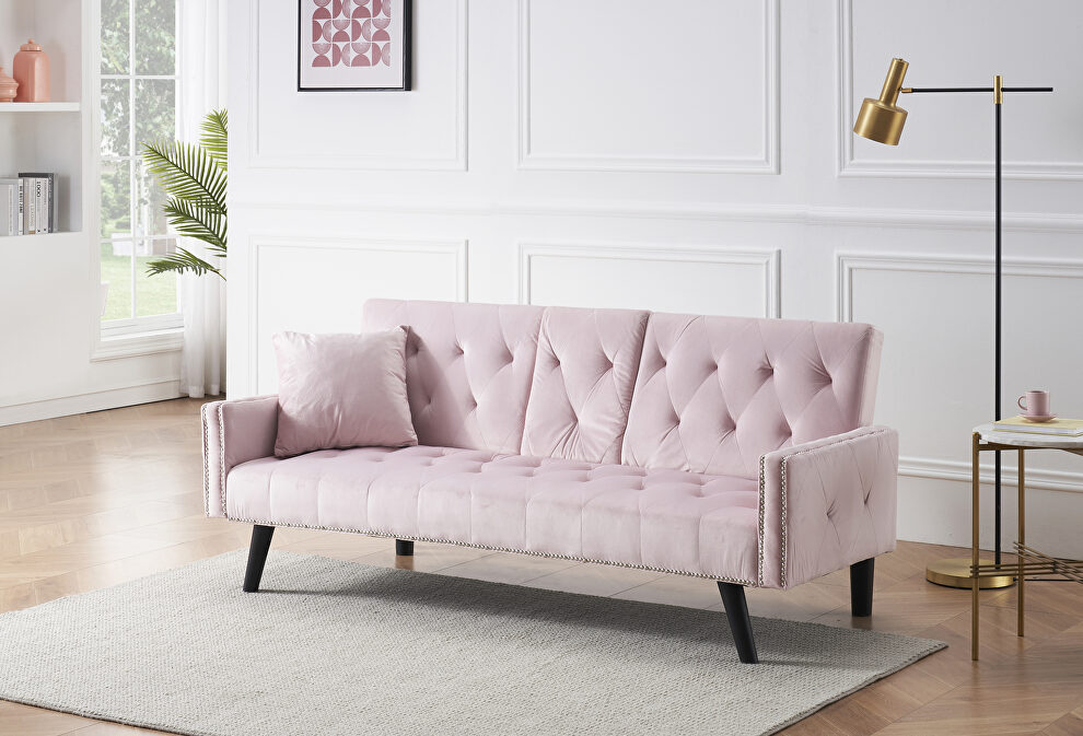Pink velvet nailhead trim sofa with two cup holders by La Spezia