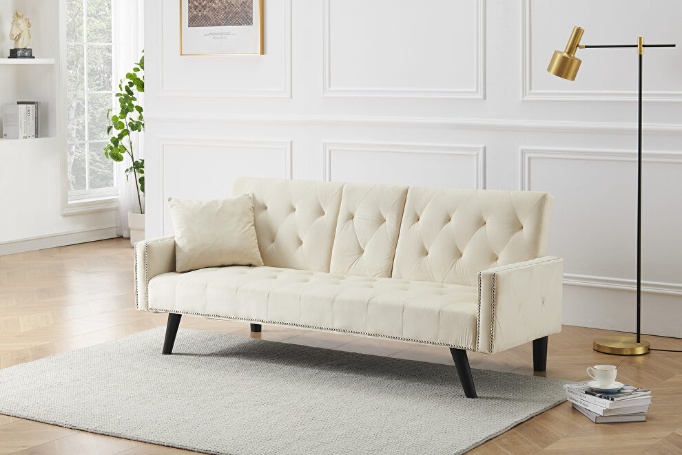 Light beige velvet nailhead trim sofa with two cup holders by La Spezia