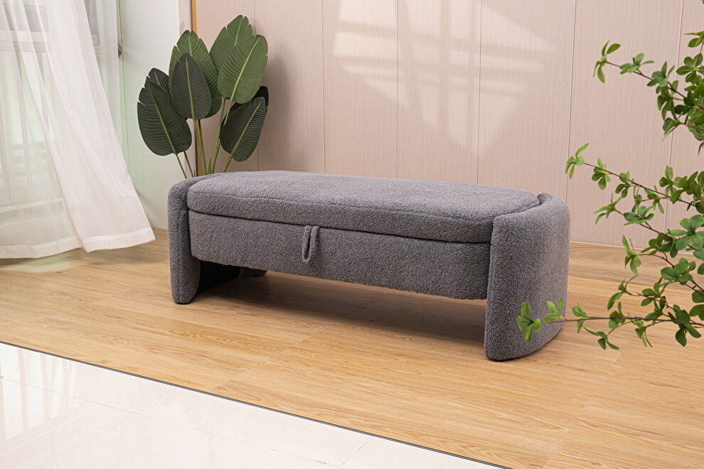 Gray teddy fabric footstool with storage function by La Spezia