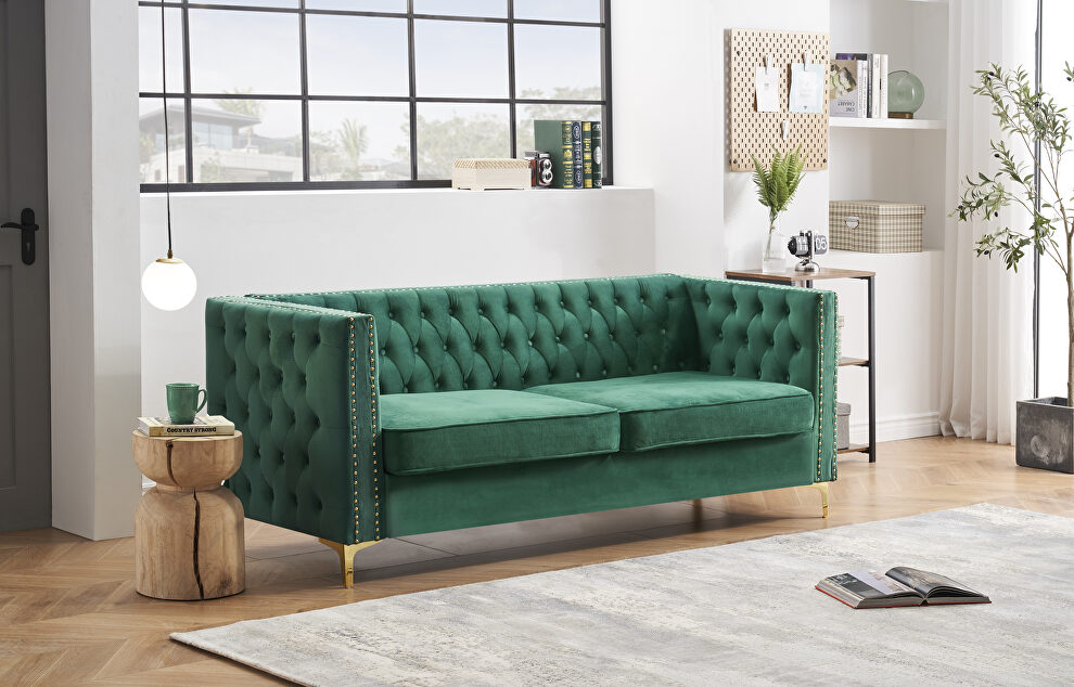 Green velvet chesterfield sofa with nailhead and gold metal feet by La Spezia