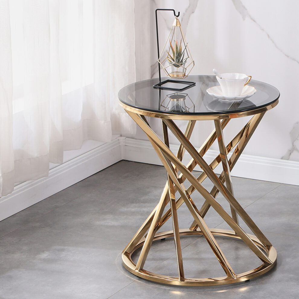 Gray tempered glass round top and gold stainless steel base modern spiral end table by La Spezia