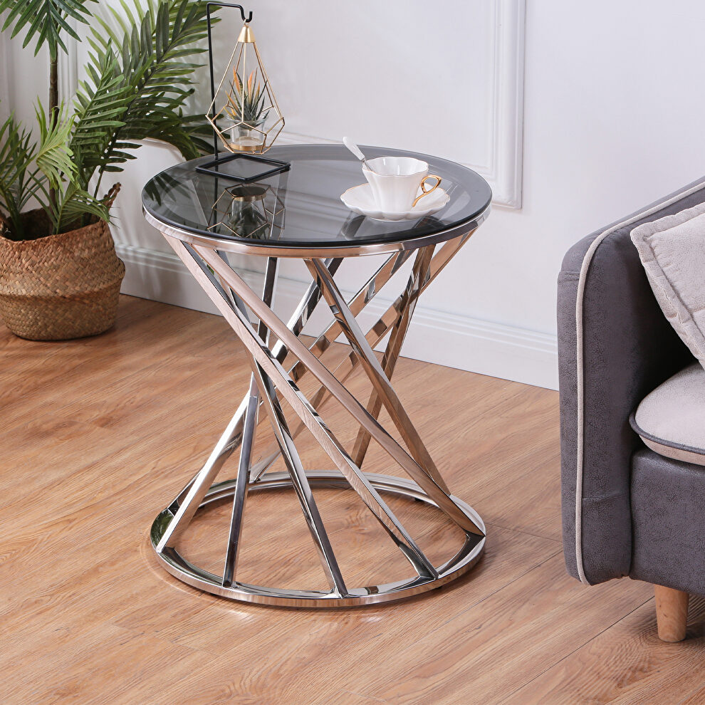 Gray tempered glass round top and silver stainless steel base modern spiral end table by La Spezia