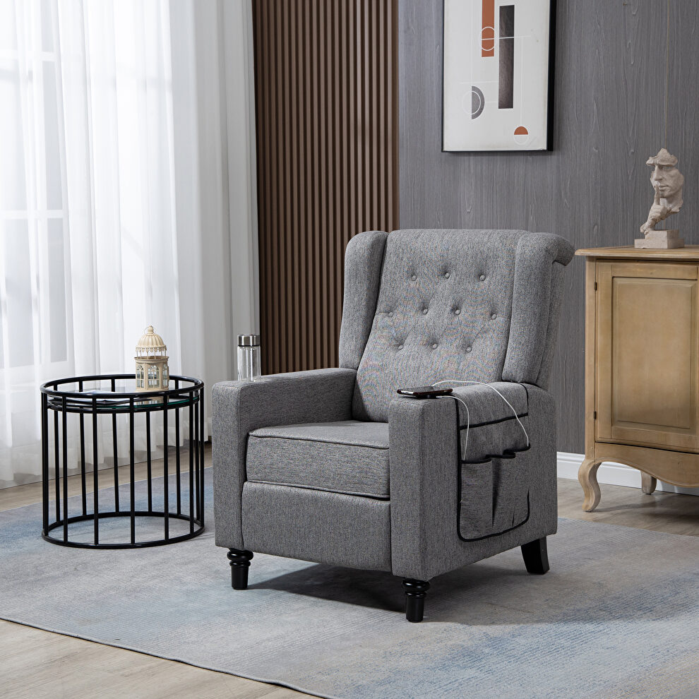 Dark gray fabric arm pushing recliner chair with modern button tufted by La Spezia