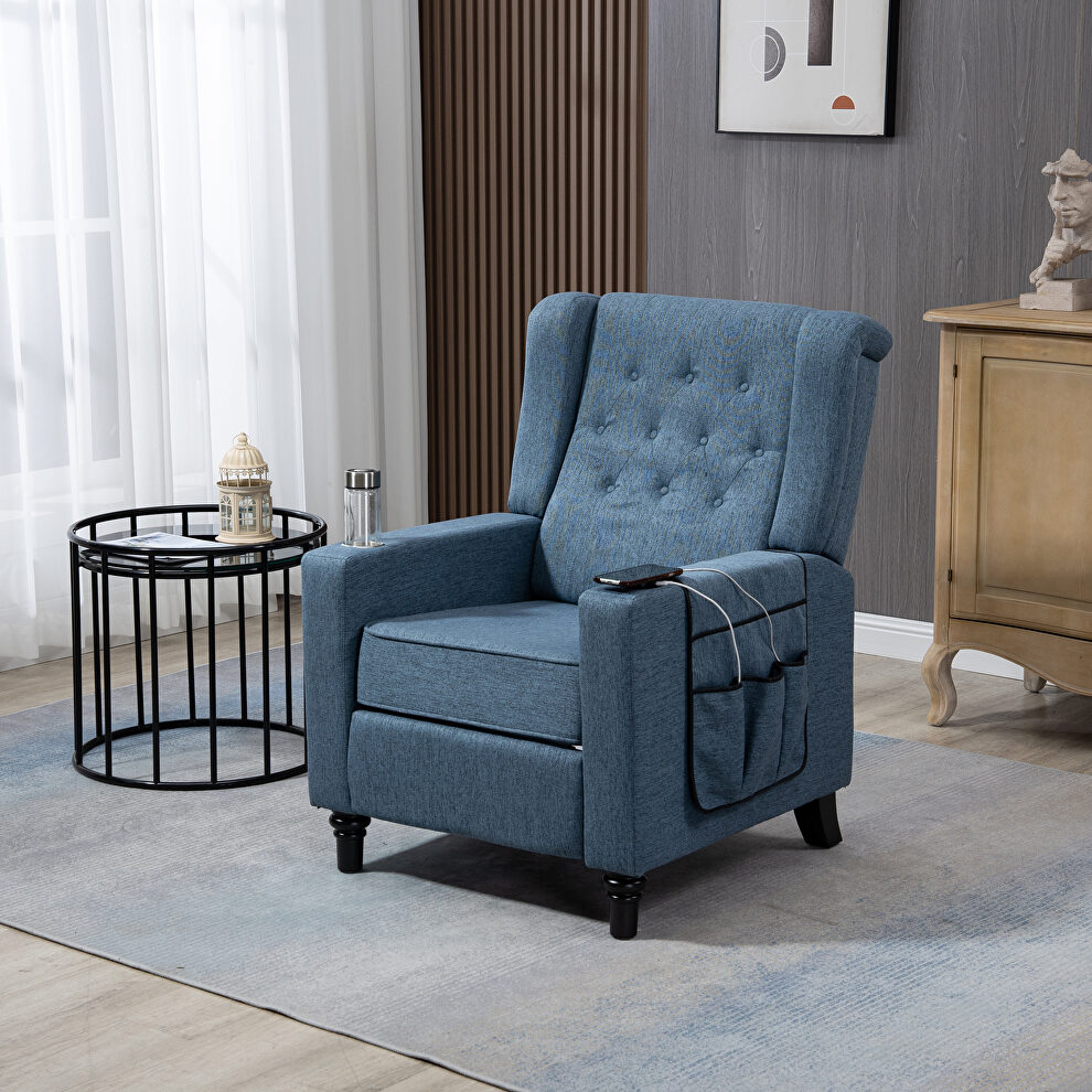 Navy blue fabric arm pushing recliner chair with modern button tufted by La Spezia