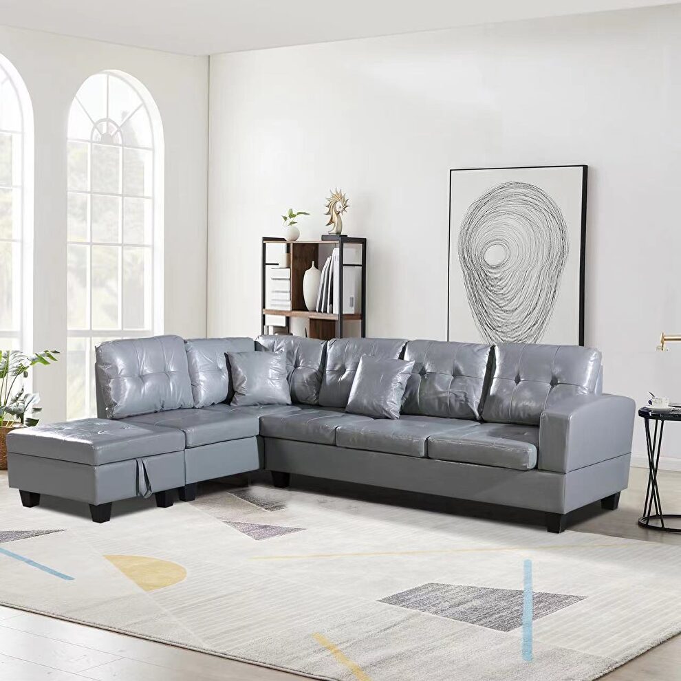Gray faux leather left chaise sofa with storage ottoman by La Spezia