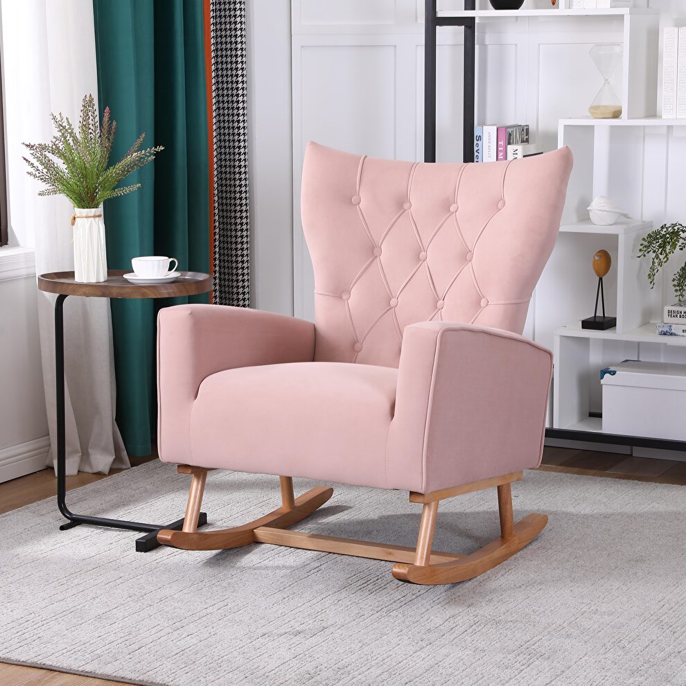 Pink velvet fabric high back rocking chair by La Spezia