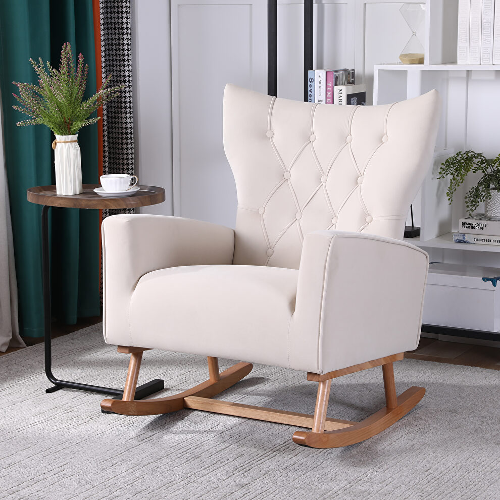 Beige velvet fabric high back rocking chair by La Spezia