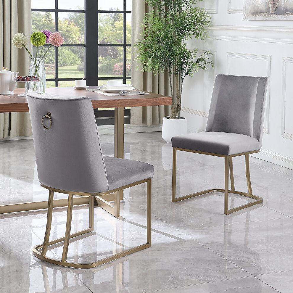 Gray velvet upolstered dining chair with gold metal legs set of 2 by La Spezia