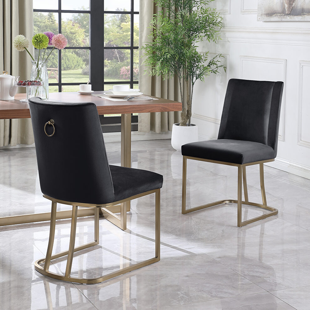 Black velvet upolstered dining chair with gold metal legs set of 2 by La Spezia