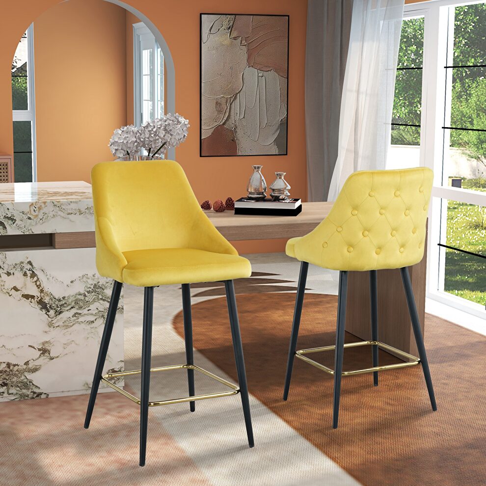 Luxury modern yellow velvet upholstered high bar chair with gold legs, set of 2 by La Spezia