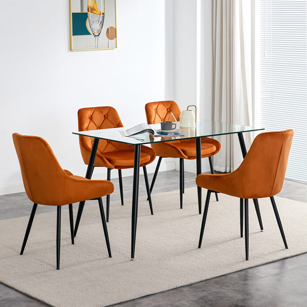 Metal legs glass table set with 4 pcs orange velvet fabric dining chairs by La Spezia