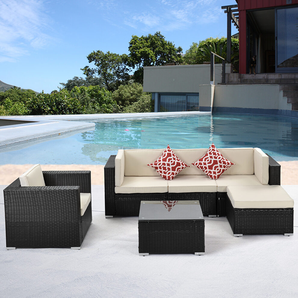 6-piece pe rattan wicker sectional cushioned sofa sets with 2 pillows and coffee table by La Spezia