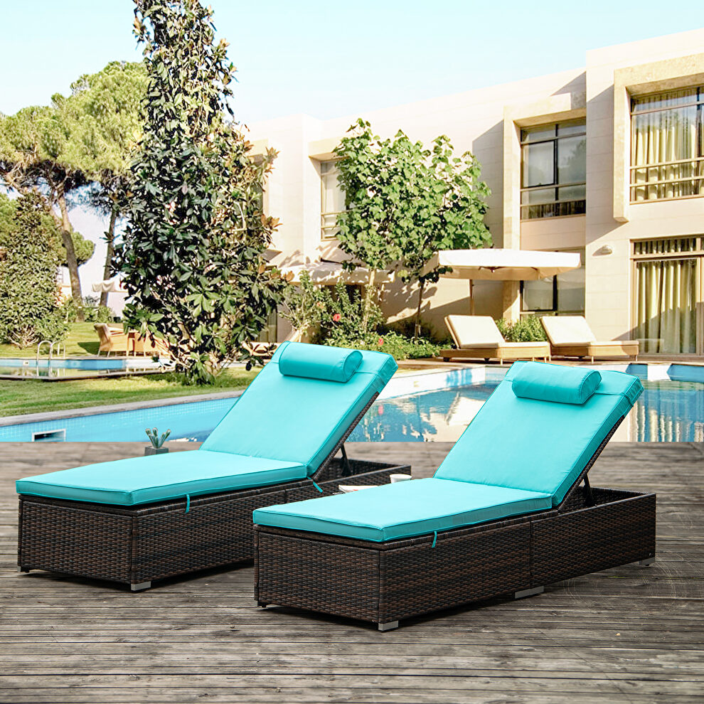 2 piece outdoor pe wicker chaise lounge w/ blue cushions by La Spezia