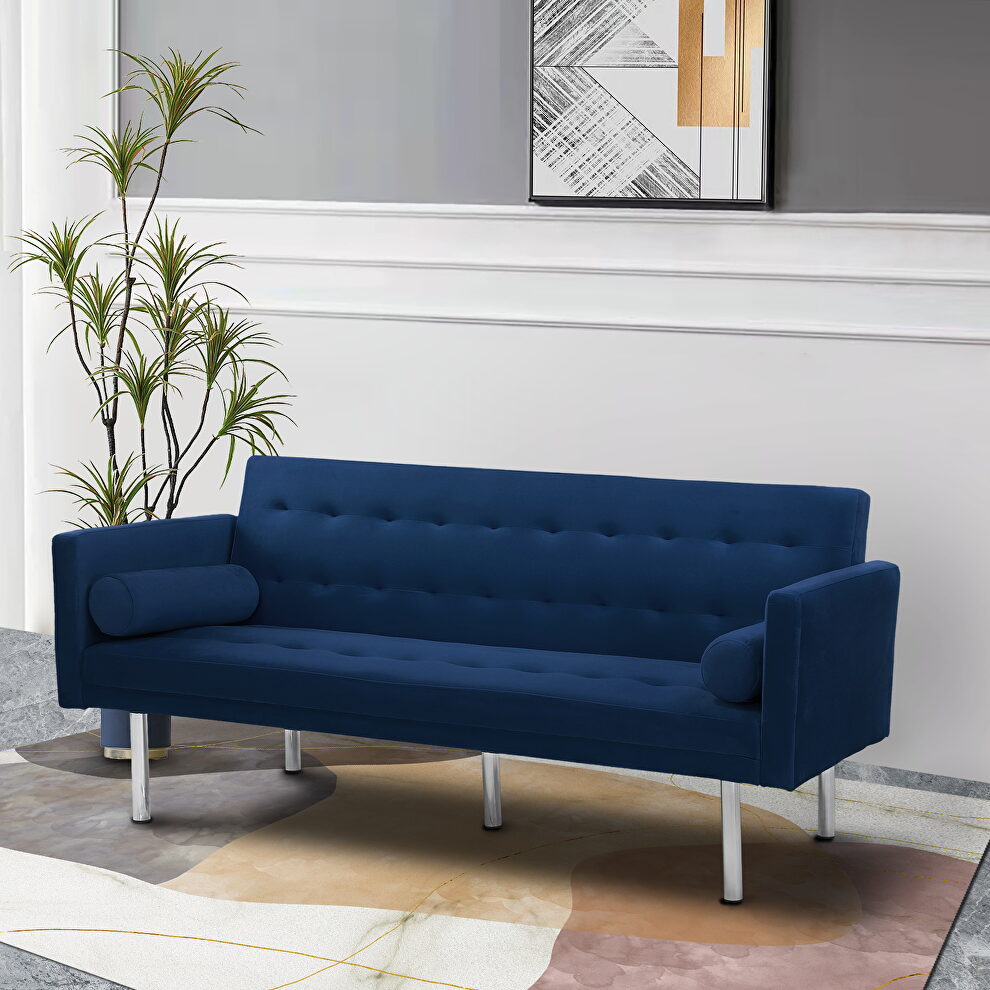 Navy blue velvet fabric square arm sleeper sofa by La Spezia
