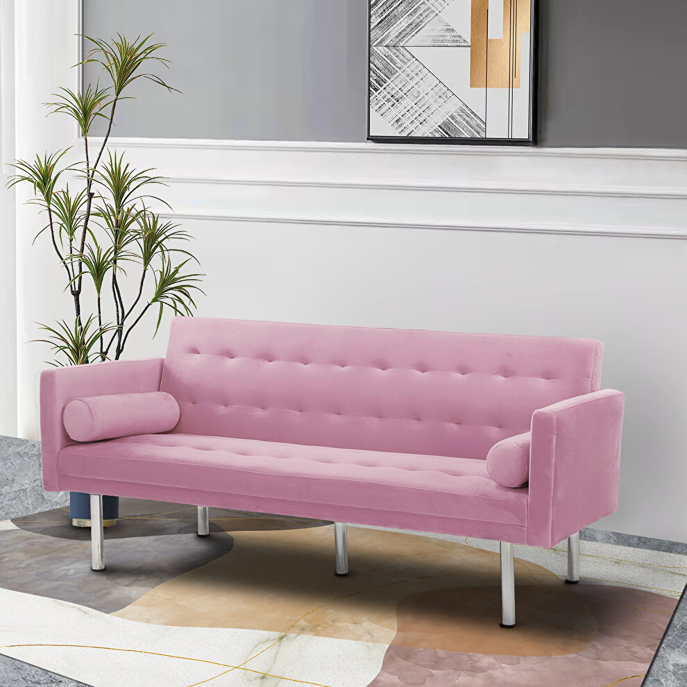 Pink velvet fabric square arm sleeper sofa by La Spezia