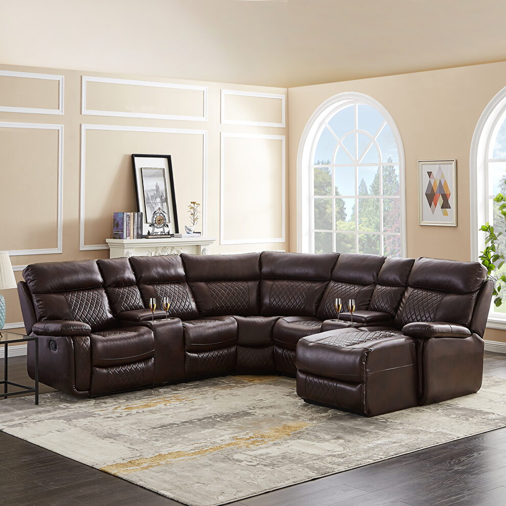 Brown pu leather sectional motion sofa in brown by La Spezia
