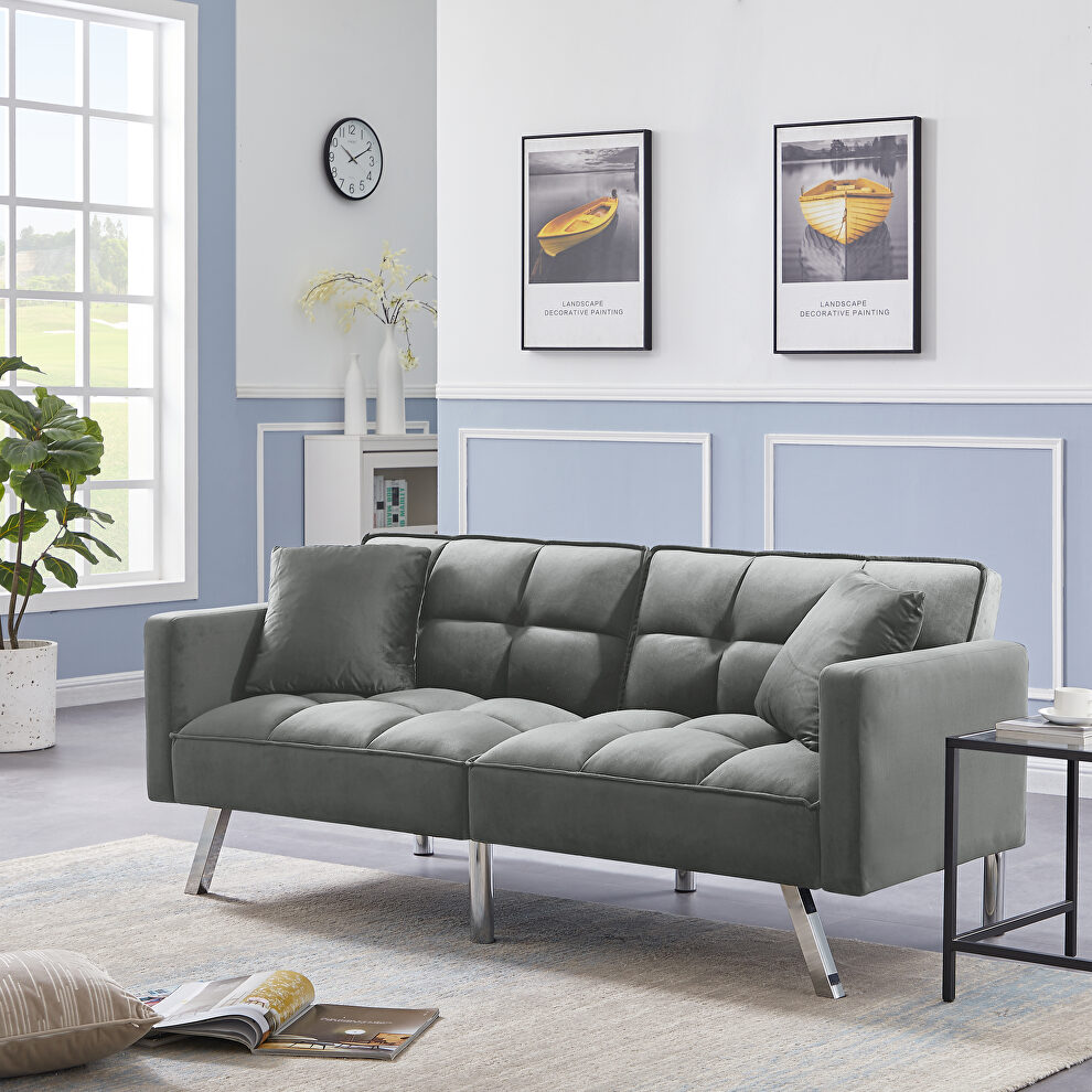 Futon sofa sleeper light gray velvet with 2 pillows by La Spezia