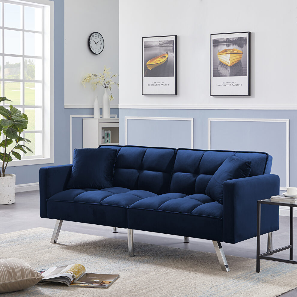 Futon sofa sleeper navy blue velvet with 2 pillows by La Spezia