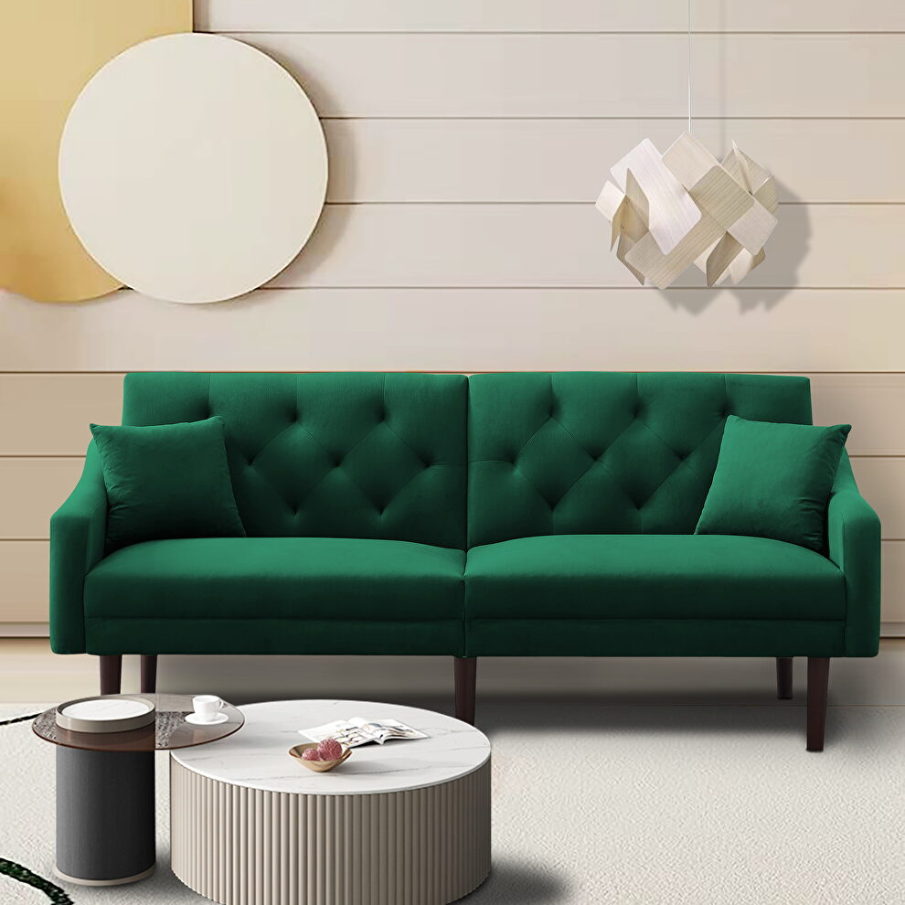 Green velvet upholstery futon sofa sleeper with 2 pillows by La Spezia