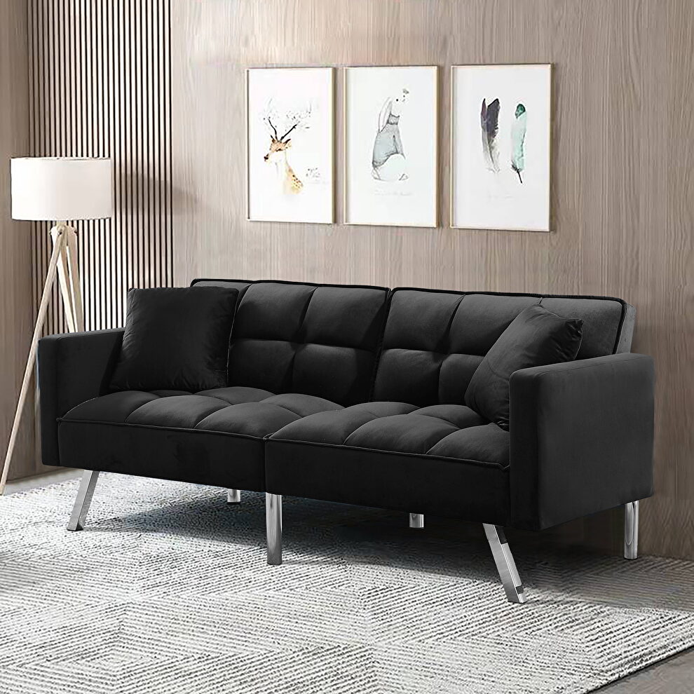 Black velvet futon sofa sleeper with 2 pillows by La Spezia