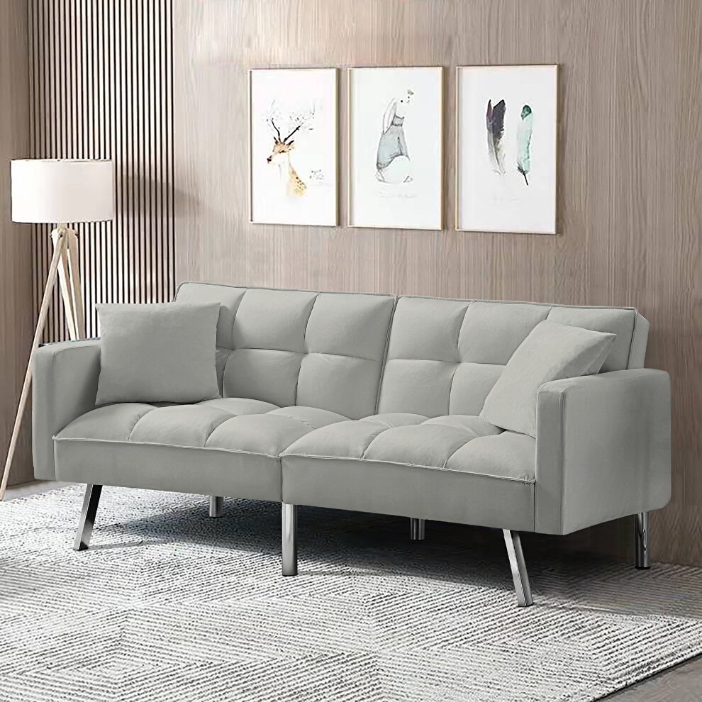 Gray velvet futon sofa sleeper with 2 pillows by La Spezia