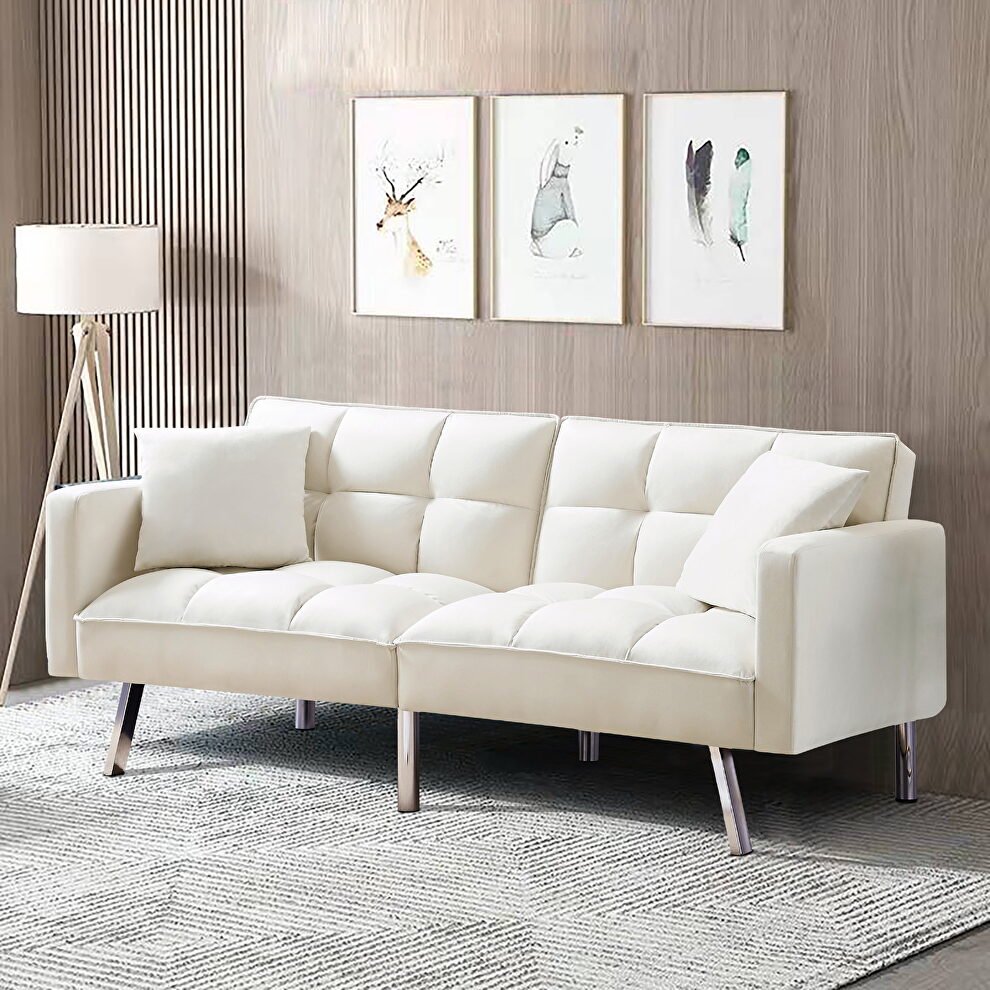 Beige velvet futon sofa sleeper with 2 pillows by La Spezia