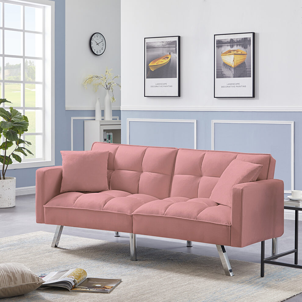 Pink velvet futon sofa sleeper with 2 pillows by La Spezia