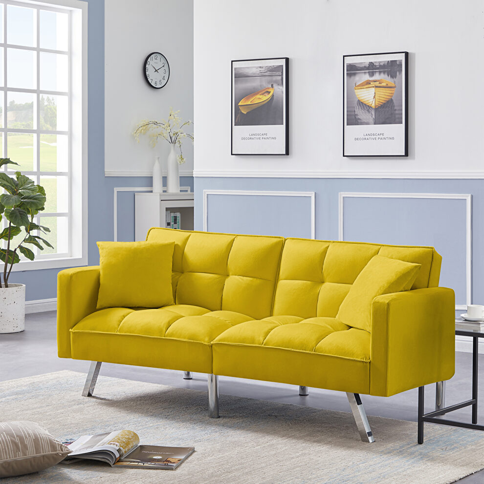 Yellow velvet futon sofa sleeper with 2 pillows by La Spezia